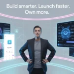 Confident non-technical founder using AI tools and no-code platforms to build a startup faster.