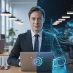 A corporate professional at a modern desk transitioning from office life to an AI-powered startup environment, symbolizing TechIsland’s approach to helping professionals build startups while employed.