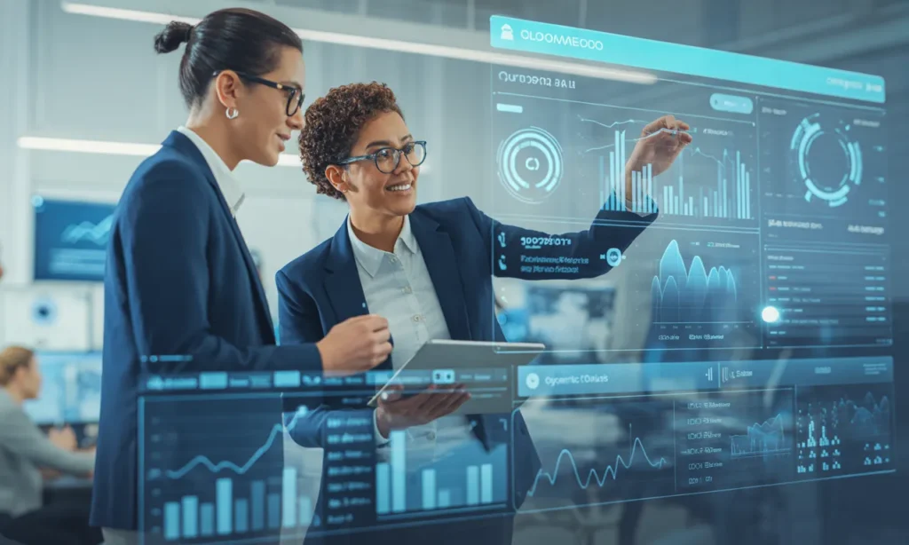 Startup team collaborating around AI-powered analytics to optimize product-market fit and retention metrics.