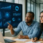 Startup founders planning AI implementation strategy using smart dashboards and analytics tools.