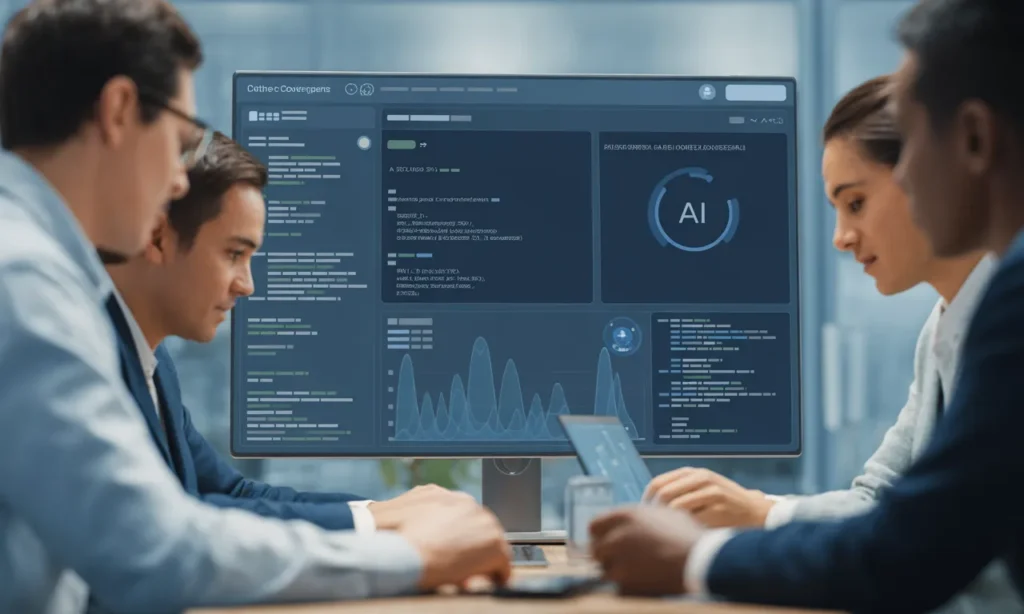 Developers collaborating with AI tools for automated refactoring and test generation, improving scalability and code quality, TechIsland AI Development Service.