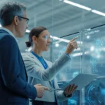 Executives analyzing AI capability strategy on futuristic digital interfaces in a modern workspace.