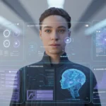 Diverse AI professionals collaborating around holographic screens illustrating neural networks and machine learning models in a futuristic workspace.