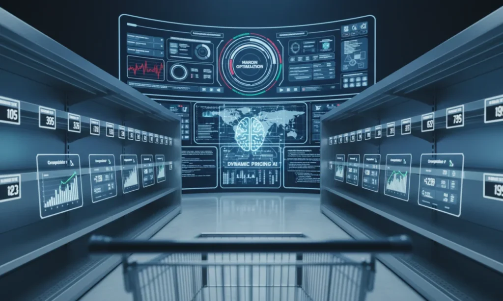 Graphic representing AI-driven dynamic pricing with real-time price adjustment and competitor monitoring analytics.