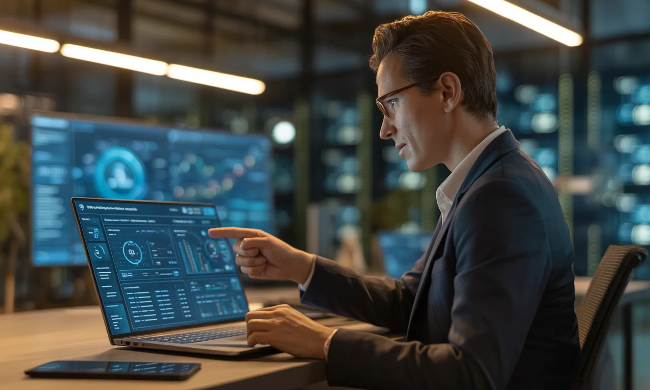 A product manager reviewing an AI prototype dashboard in a modern corporate workspace for a 90-day AI proof-of-concept story.
