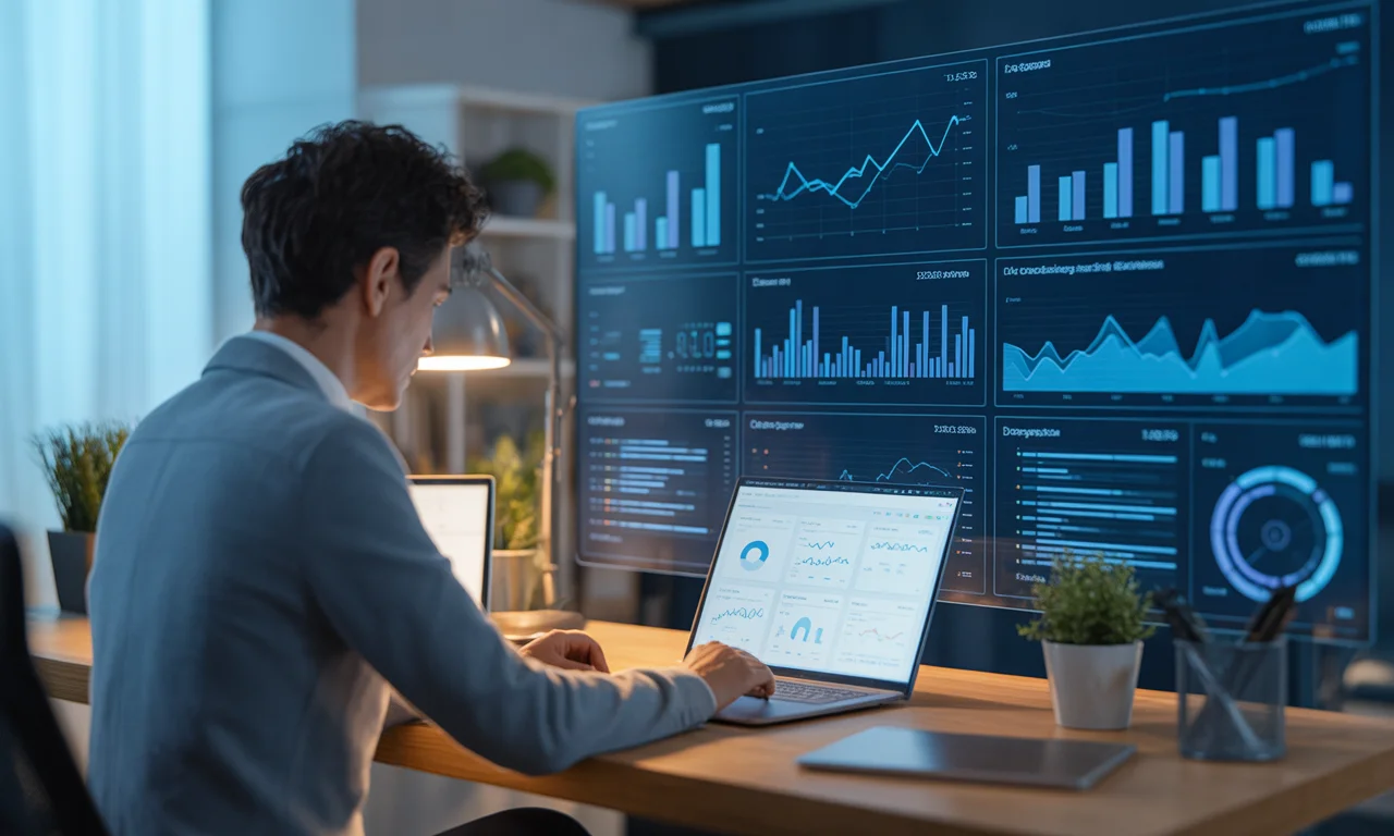 Small business owner reviewing AI-powered analytics dashboard for smarter business decisions.