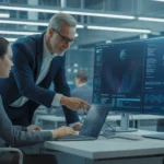 Engineering team learning AI together in a modern workspace with ML diagrams on screen.