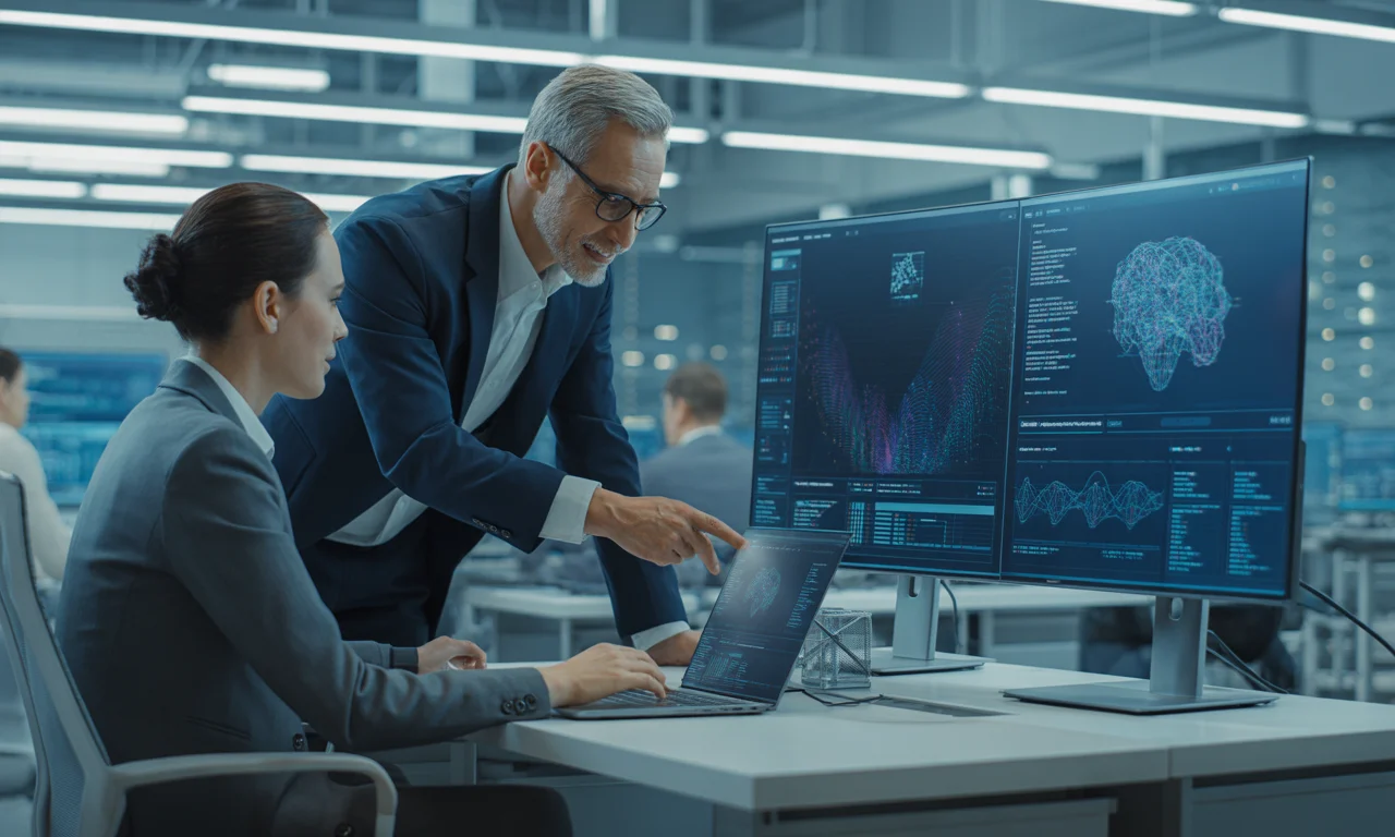 Engineering team learning AI together in a modern workspace with ML diagrams on screen.