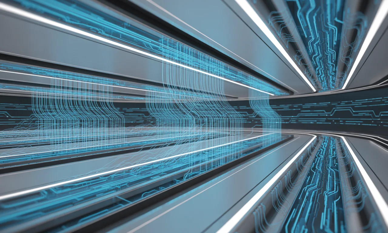 Abstract futuristic data infrastructure visual with AI and layered data architecture elements.