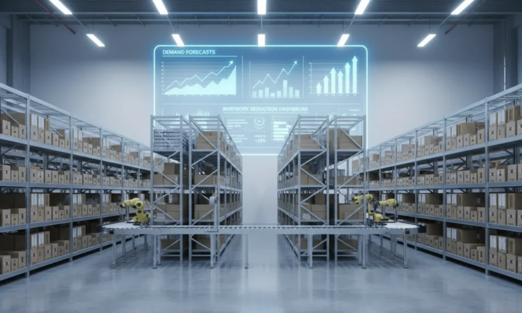 Illustration of AI inventory optimization with demand forecasting charts and real-time stock level analytics.