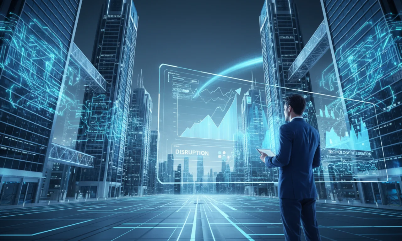 Business leader observing a futuristic AI-powered digital landscape representing industry transformation.