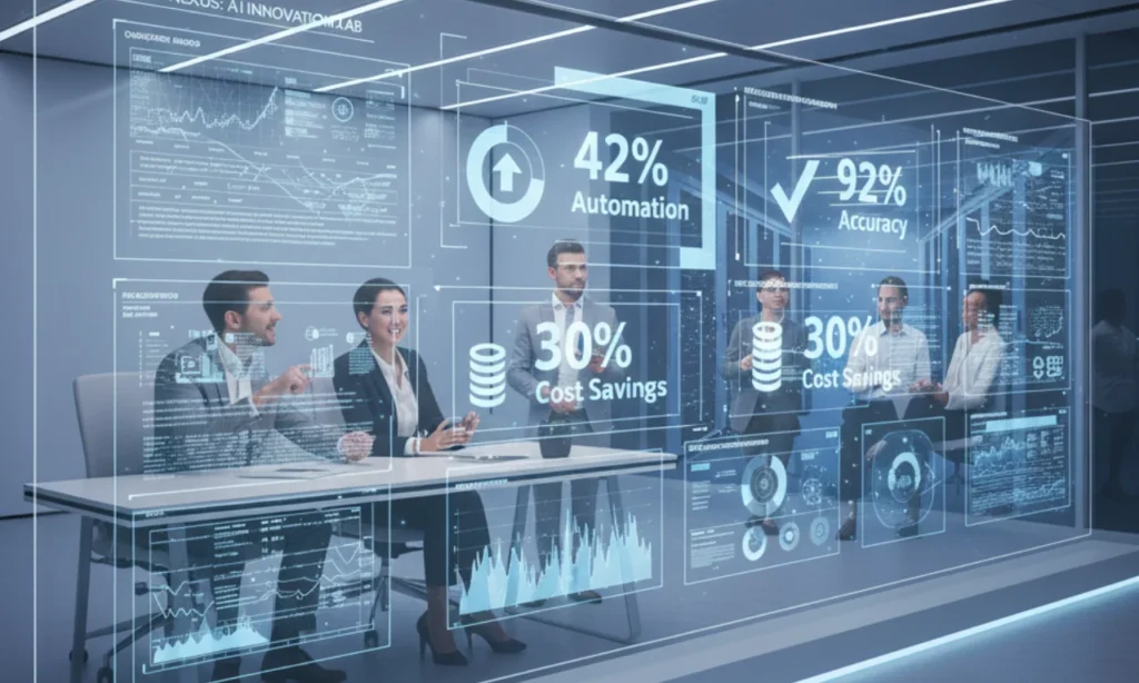 Analytics dashboard showing AI pilot results including automation rate, accuracy, cost savings, and improved response times.