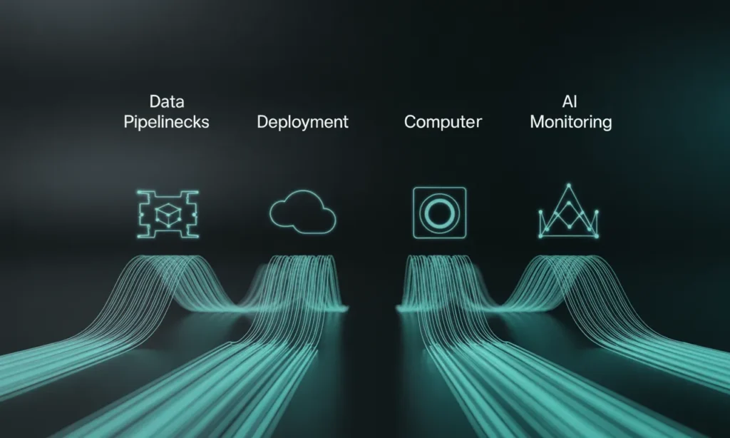 Vector infographic showing four AI infrastructure bottlenecks — data pipelines, deployment, compute, and monitoring, connected by data flow lines