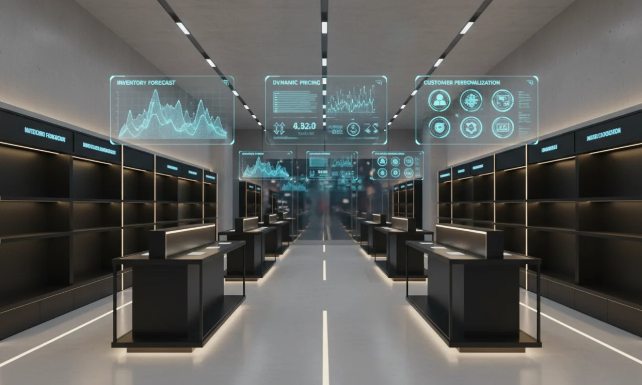 Hero image showing a modern AI-powered retail store with data overlays representing inventory, pricing, and personalization technology.