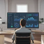 Small business owner using AI analytics dashboard to improve productivity and reduce costs with TechIsland solutions