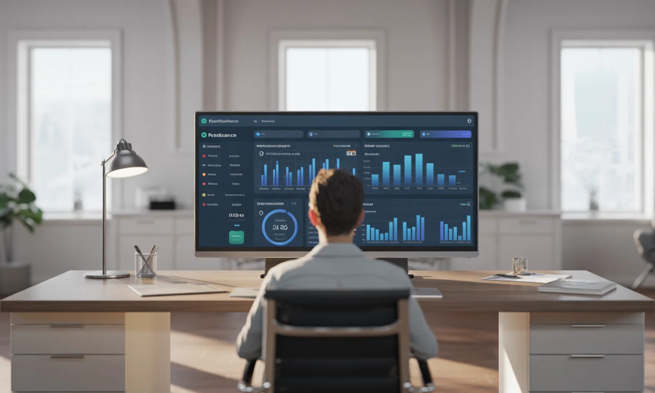 Small business owner using AI analytics dashboard to improve productivity and reduce costs with TechIsland solutions
