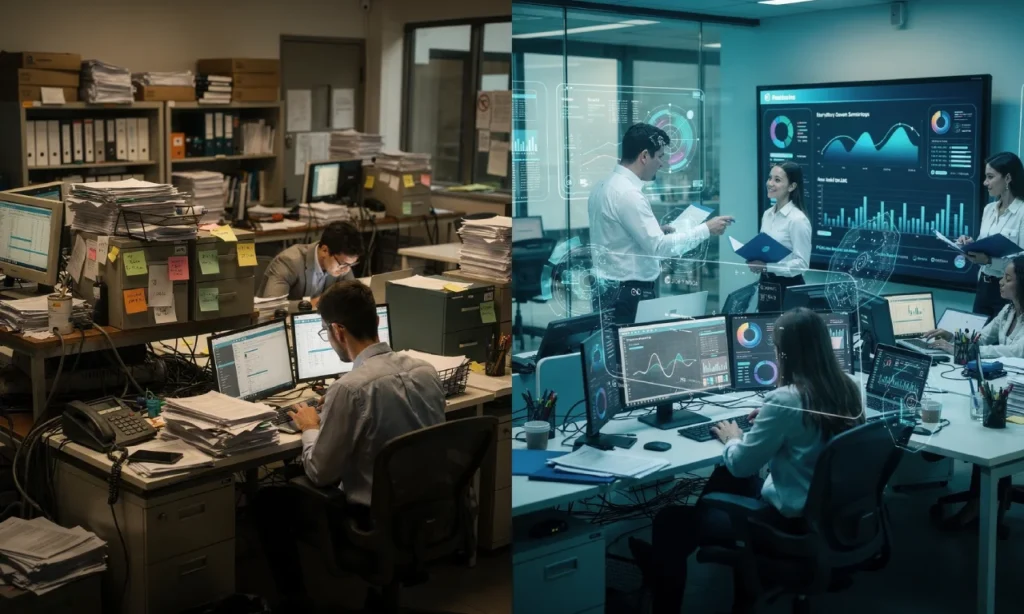 Comparison between traditional business operations and AI-powered enterprise transformation