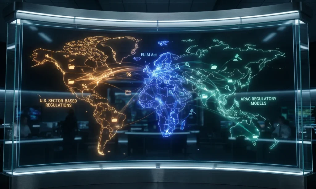 World map visualization highlighting differences in AI regulations across the EU, U.S., and Asia-Pacific.