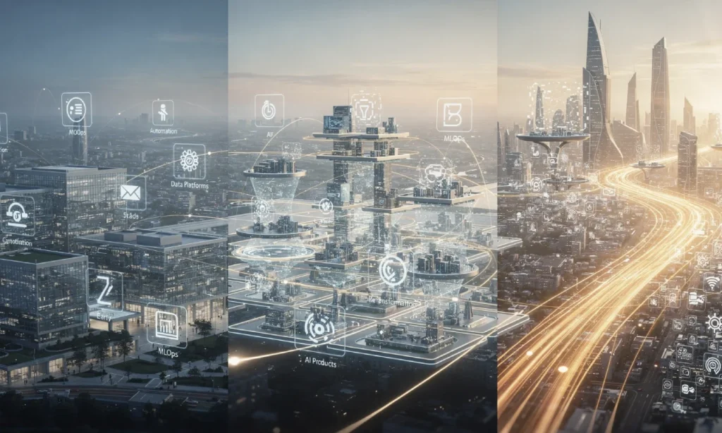 Three-horizon AI roadmap showing progression from quick wins to transformation