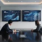 Executives analyzing AI ROI metrics and business impact dashboards in a strategic boardroom setting