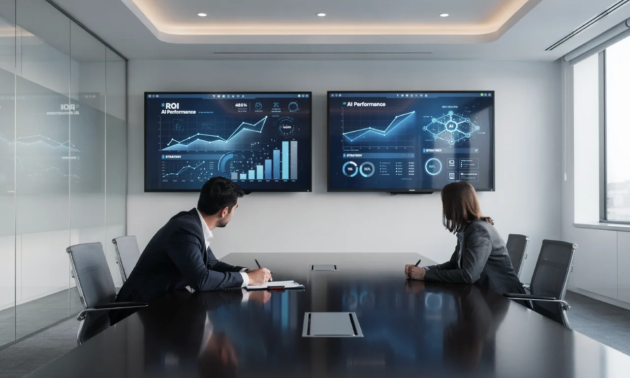Executives analyzing AI ROI metrics and business impact dashboards in a strategic boardroom setting
