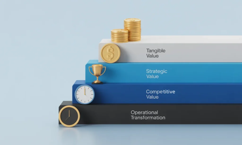 Three-part AI ROI framework showing tangible value, strategic value, and operational transformation