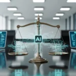 A futuristic legal and AI governance scene with digital compliance dashboards and symbolic balance scales representing AI regulation.