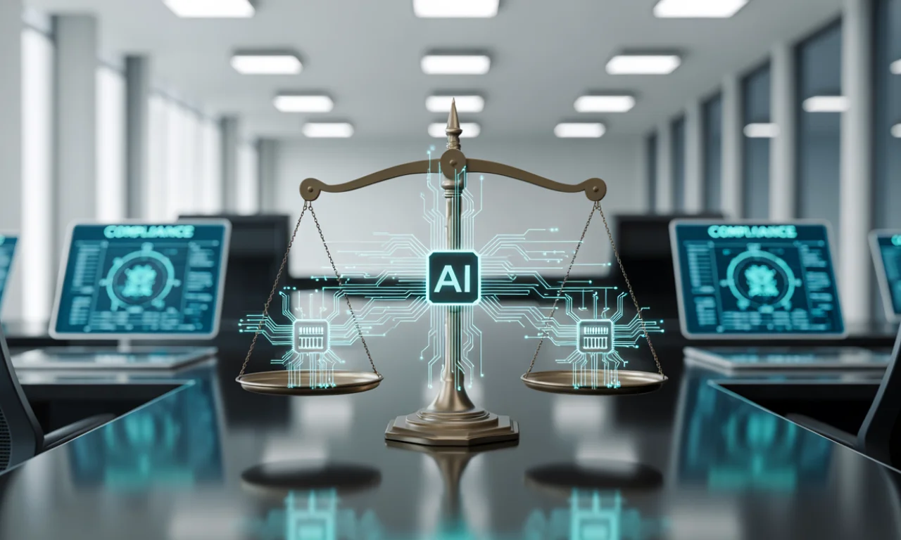 A futuristic legal and AI governance scene with digital compliance dashboards and symbolic balance scales representing AI regulation.