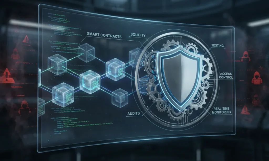 Smart contract security illustration showing audits, testing, and protected blockchain infrastructure