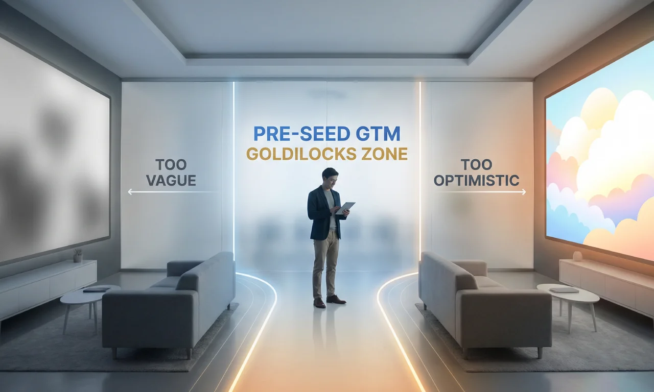 Pre-seed startup founder navigating the go-to-market Goldilocks zone between vague planning and unrealistic projections