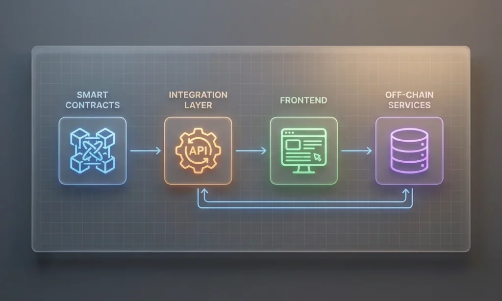 Web3 MVP architecture diagram showing smart contracts, frontend, integrations, and off-chain components