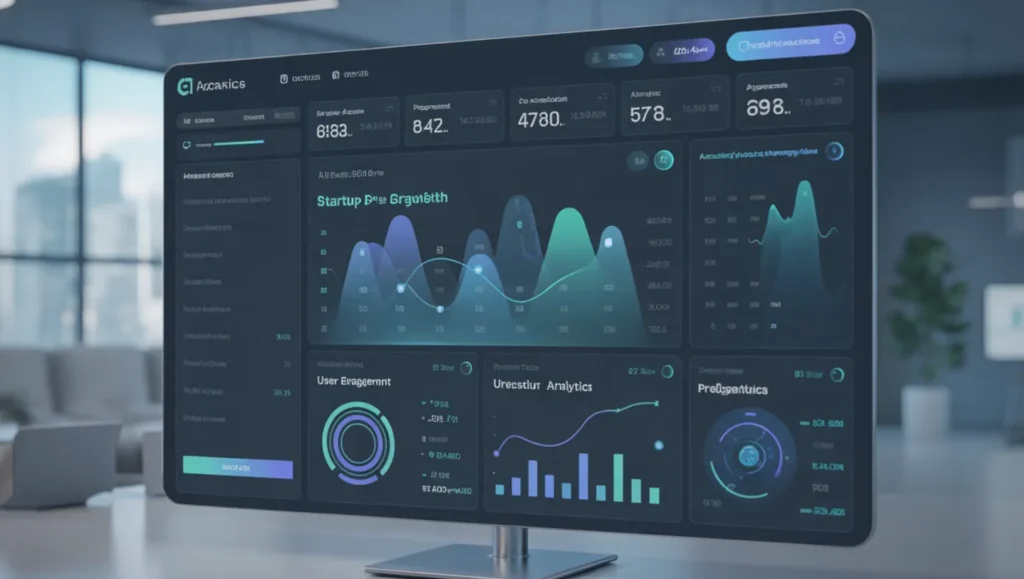 AI analytics dashboard visualizing user behavior data and predictive product-market fit metrics for startups.