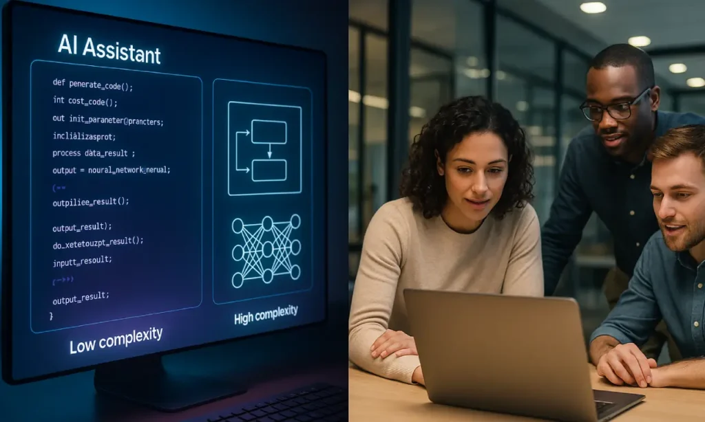 Startup team collaborating with AI development services to build and launch an MVP faster using automation and intelligent coding tools.