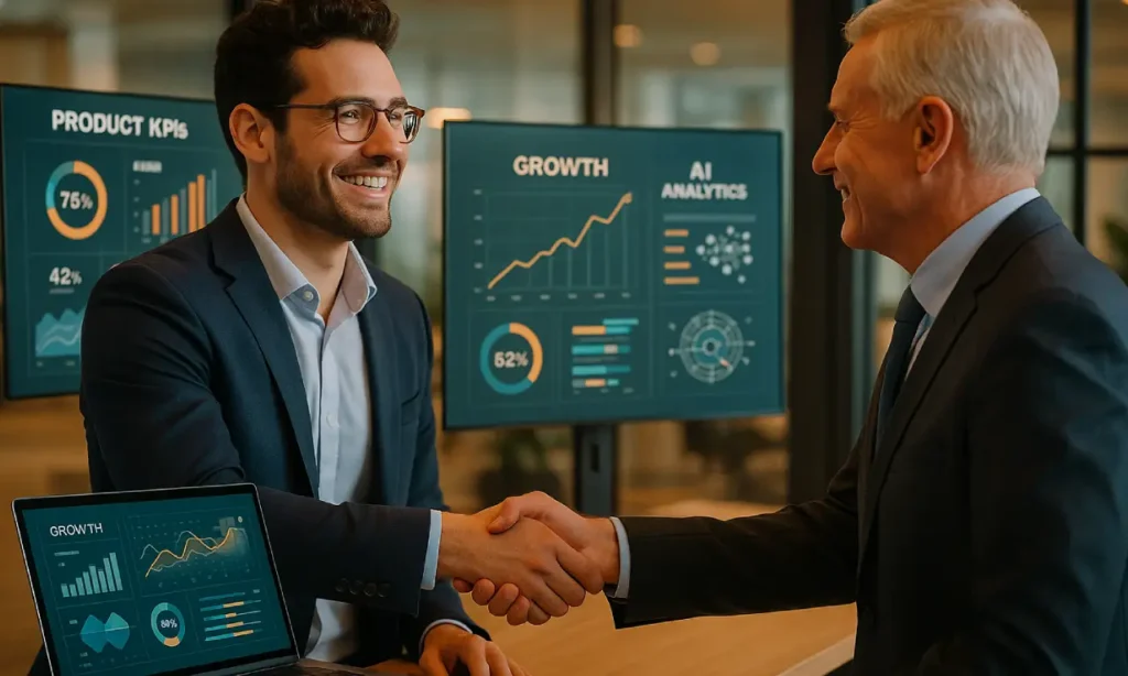 Founder securing investor funding after building an AI-powered startup, with holographic KPIs and analytics on screen.