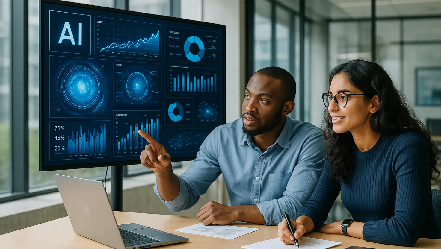 Startup founders planning AI implementation strategy using smart dashboards and analytics tools.