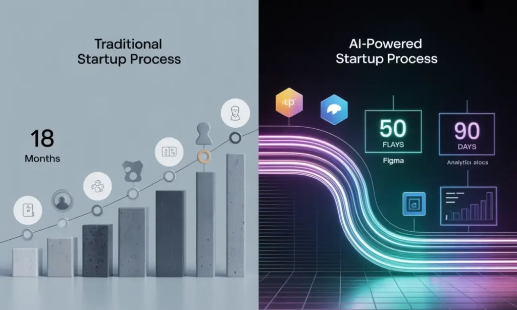 Infographic comparing traditional 18-month startup development timeline with an AI-powered 90-day startup roadmap.