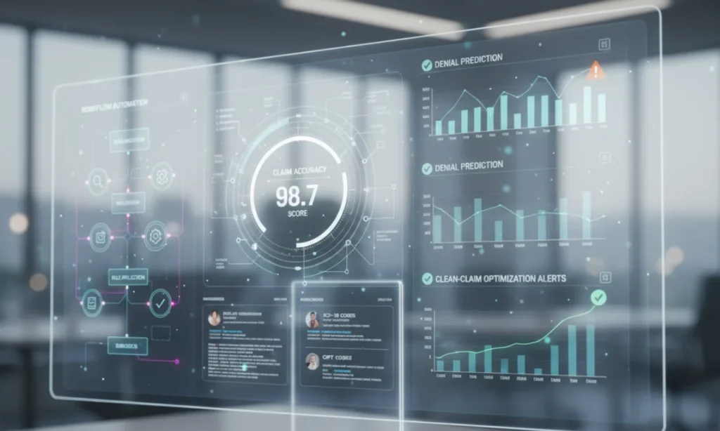 AI medical billing system displaying automated coding, denial predictions, and clean-claim optimization.