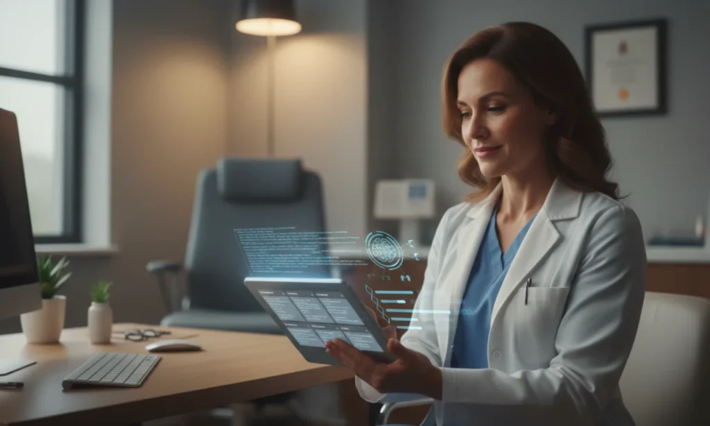 Doctor reviewing AI-generated medical documentation with automated transcription and structured notes.