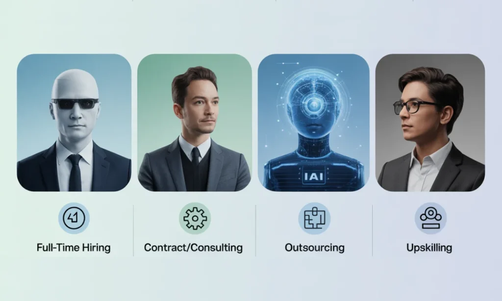 Infographic comparing full-time hiring, consulting, outsourcing, and upskilling as AI talent models.