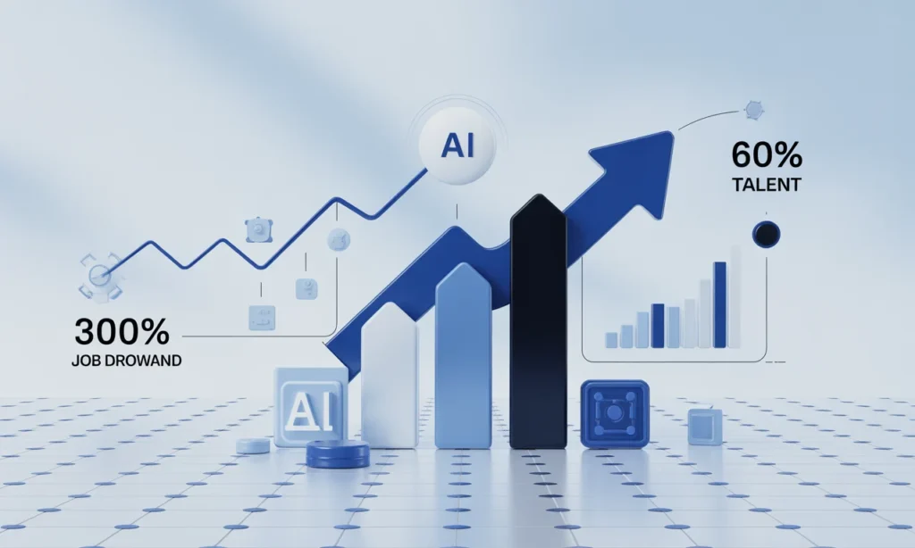 Visual infographic showing the imbalance between rising AI talent demand and limited supply, highlighting job growth and salary increase trends.