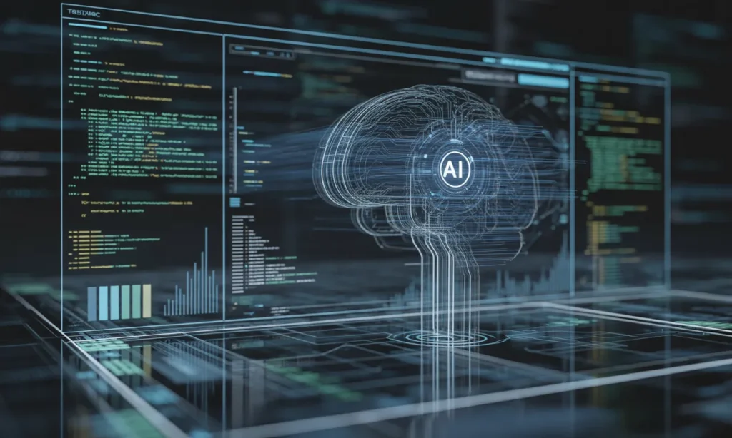 AI diagnostic system visualizing code complexity hotspots and bottlenecks during technical debt analysis, TechIsland AI infrastructure visualization.