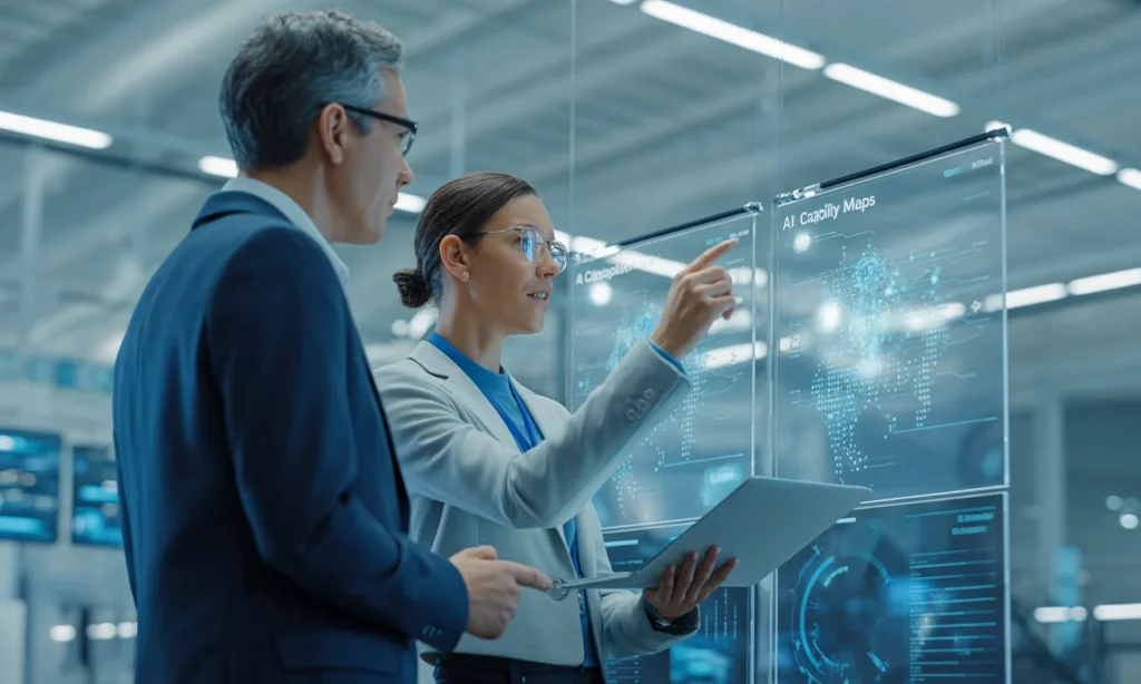 Executives analyzing AI capability strategy on futuristic digital interfaces in a modern workspace.