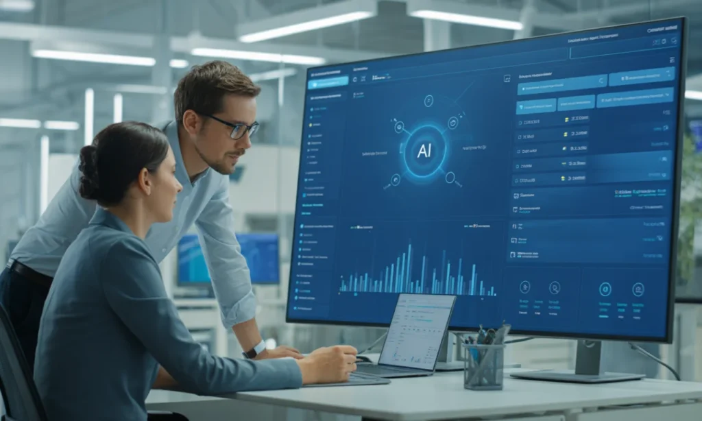 Small business team collaborating with AI automation tools on digital dashboards.