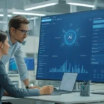 Small business team collaborating with AI automation tools on digital dashboards.