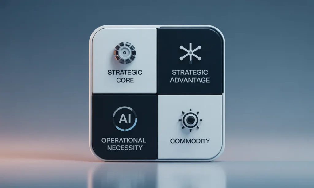 2x2 matrix illustrating the Build vs Buy vs Rent framework for AI capability decisions.