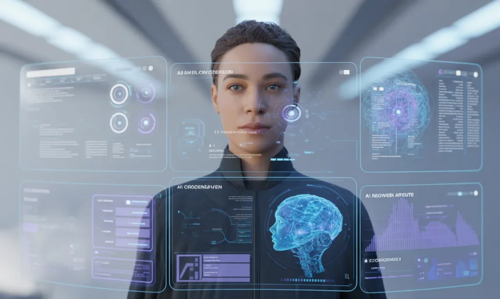 Diverse AI professionals collaborating around holographic screens illustrating neural networks and machine learning models in a futuristic workspace.