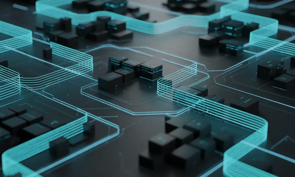 Futuristic digital landscape showing connected AI data networks and cloud servers symbolizing scalable AI infrastructure growth