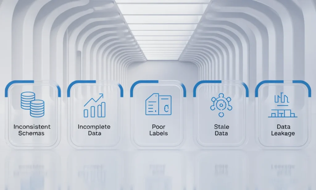 Infographic showing five major AI data quality pitfalls: schema issues, incomplete data, poor labels, stale data, and data leakage.