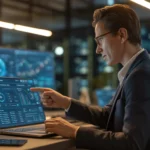 A product manager reviewing an AI prototype dashboard in a modern corporate workspace for a 90-day AI proof-of-concept story.