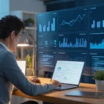 Small business owner reviewing AI-powered analytics dashboard for smarter business decisions.